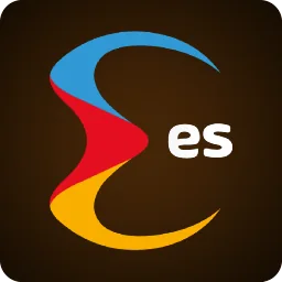 โลโก้ตัวอักษร es สีน้ำเงินส้มเหลืองบนพื้นน้ำตาลเข้ม ที่ VF338 นำมาแสดง